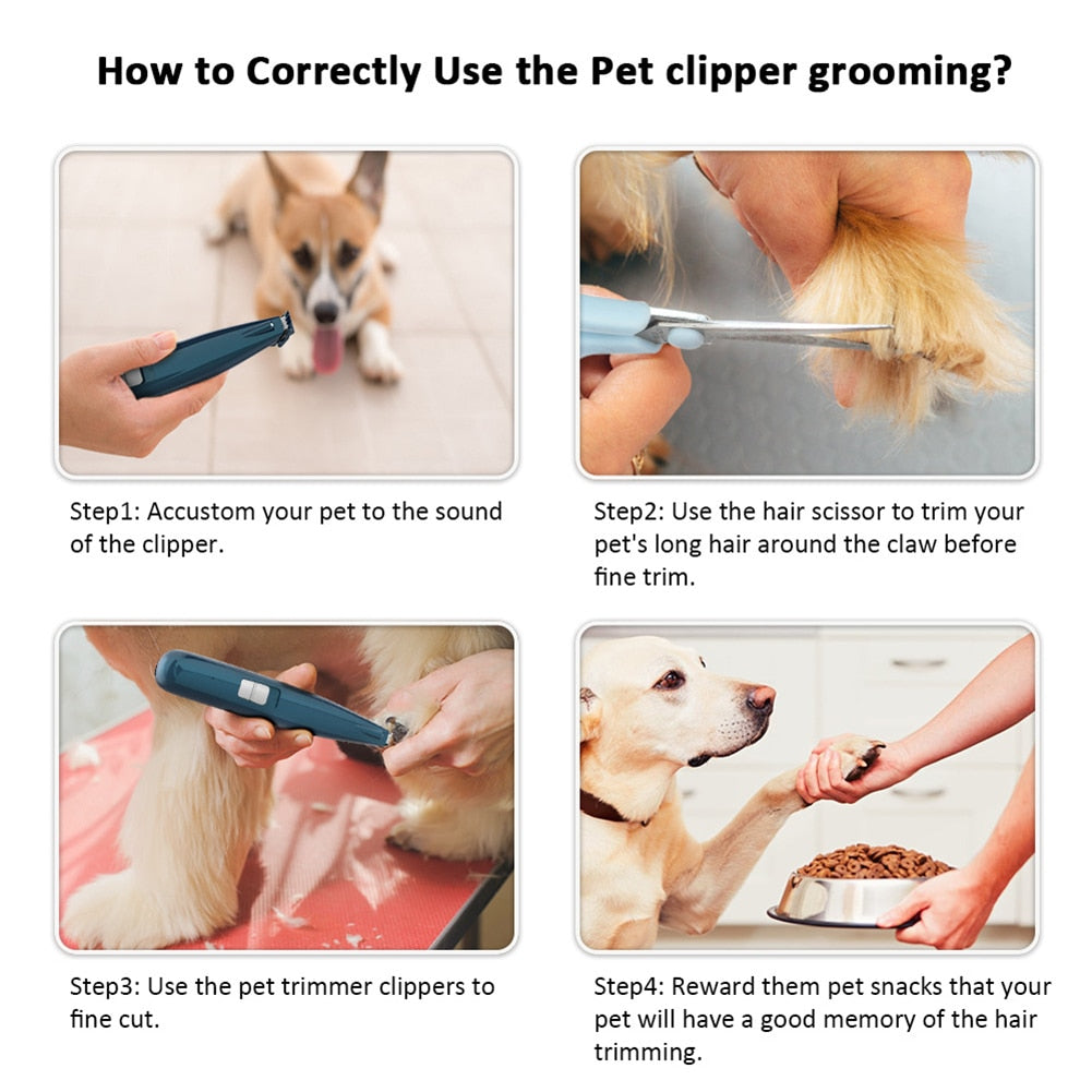 Professional Pet Dog Hair Trimmer with LED light and R-shaped cutter head for safe grooming.