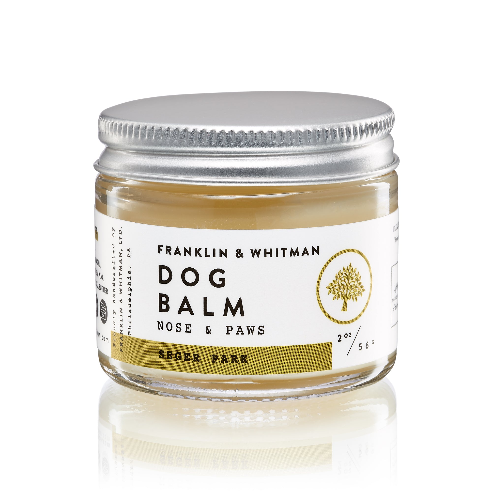 Seger Park Dog Balm in a 2oz glass jar, featuring a creamy texture ideal for moisturizing dog noses and paws.