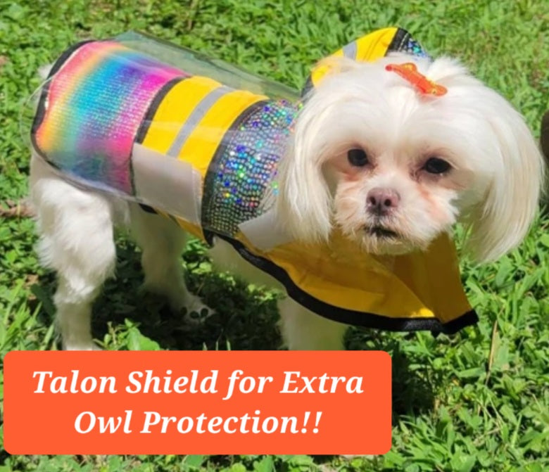 A colorful TBA Raptor Away Safety Jacket for pets, featuring reflective holographic fabric, designed to protect against birds of prey.