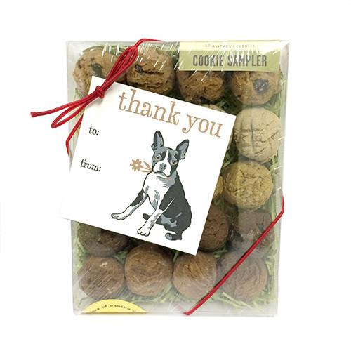 Thank You Gift Card Box containing 20 gourmet cookies with a hand-made gift tag.