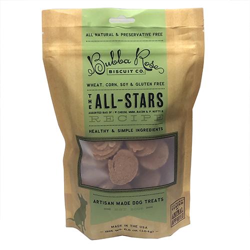 The All-Stars Biscuit Bag featuring assorted pet treats in a resealable pouch, showcasing flavors like M Bacon, I Heart Cheese, and P Nutty B.