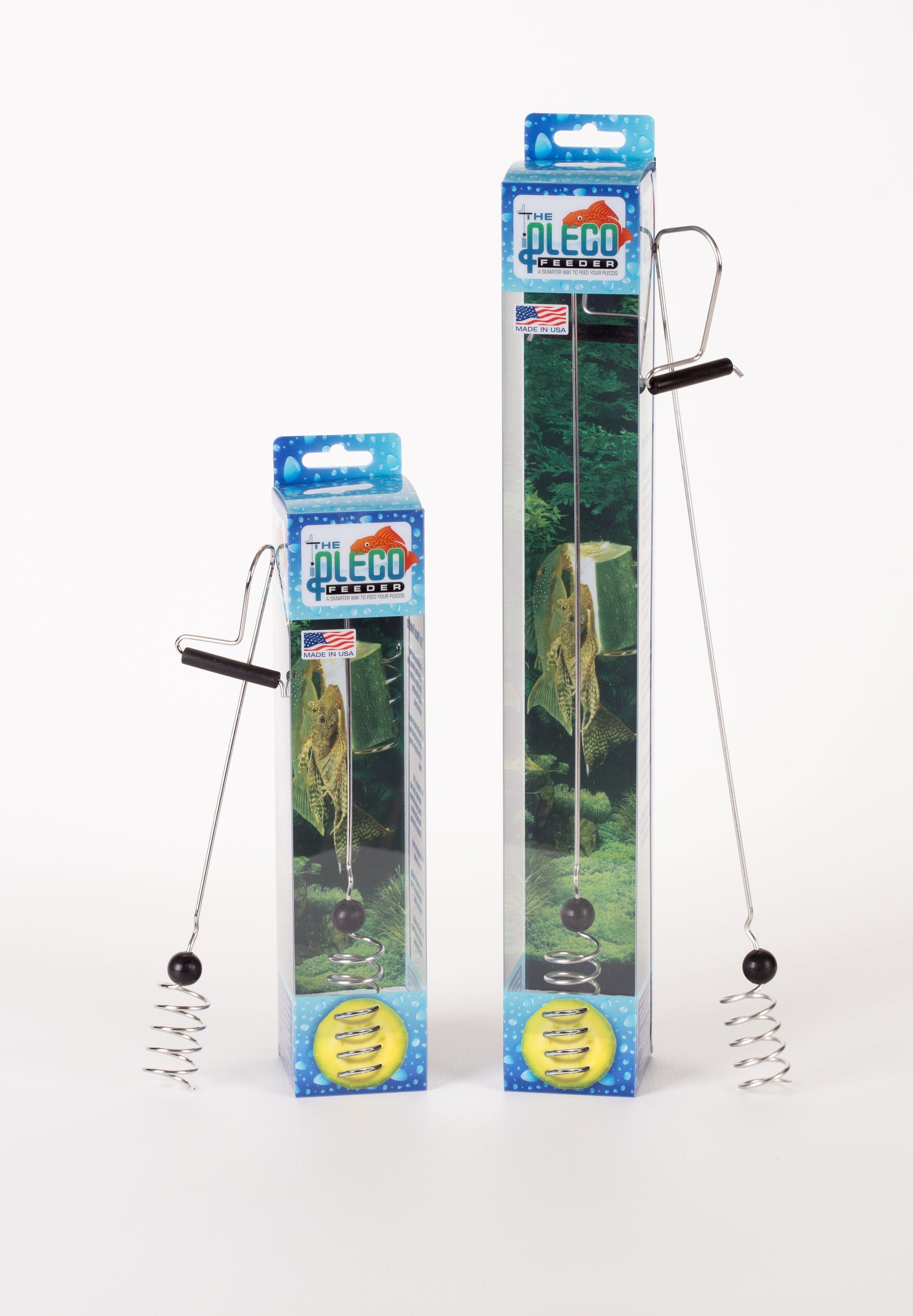 The Pleco Feeder designed for easy feeding of plecostomus with fresh fruits and vegetables, showcasing its stainless steel and silicone rubber construction.