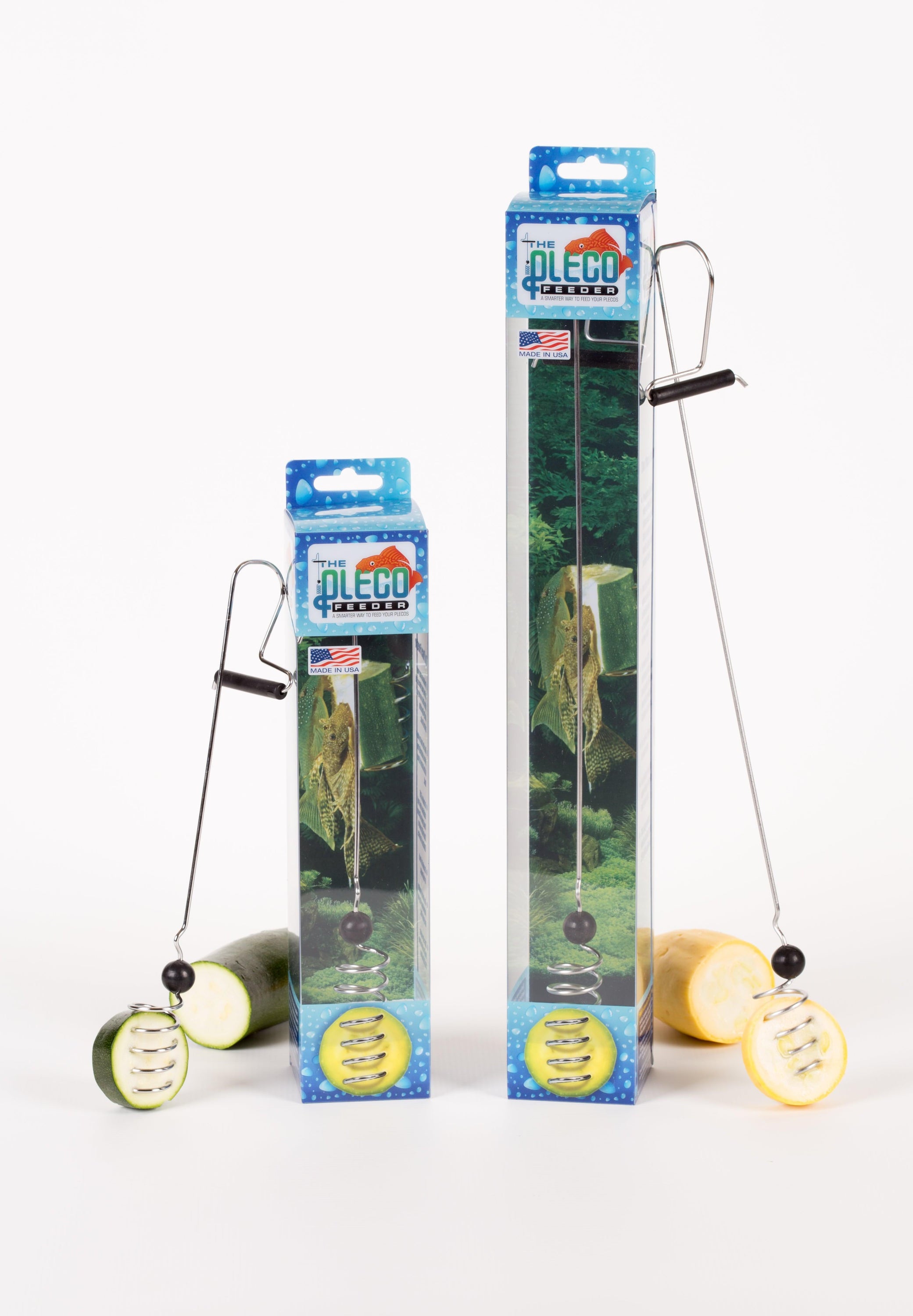 The Pleco Feeder designed for easy feeding of plecostomus with fresh fruits and vegetables, showcasing its stainless steel and silicone rubber construction.