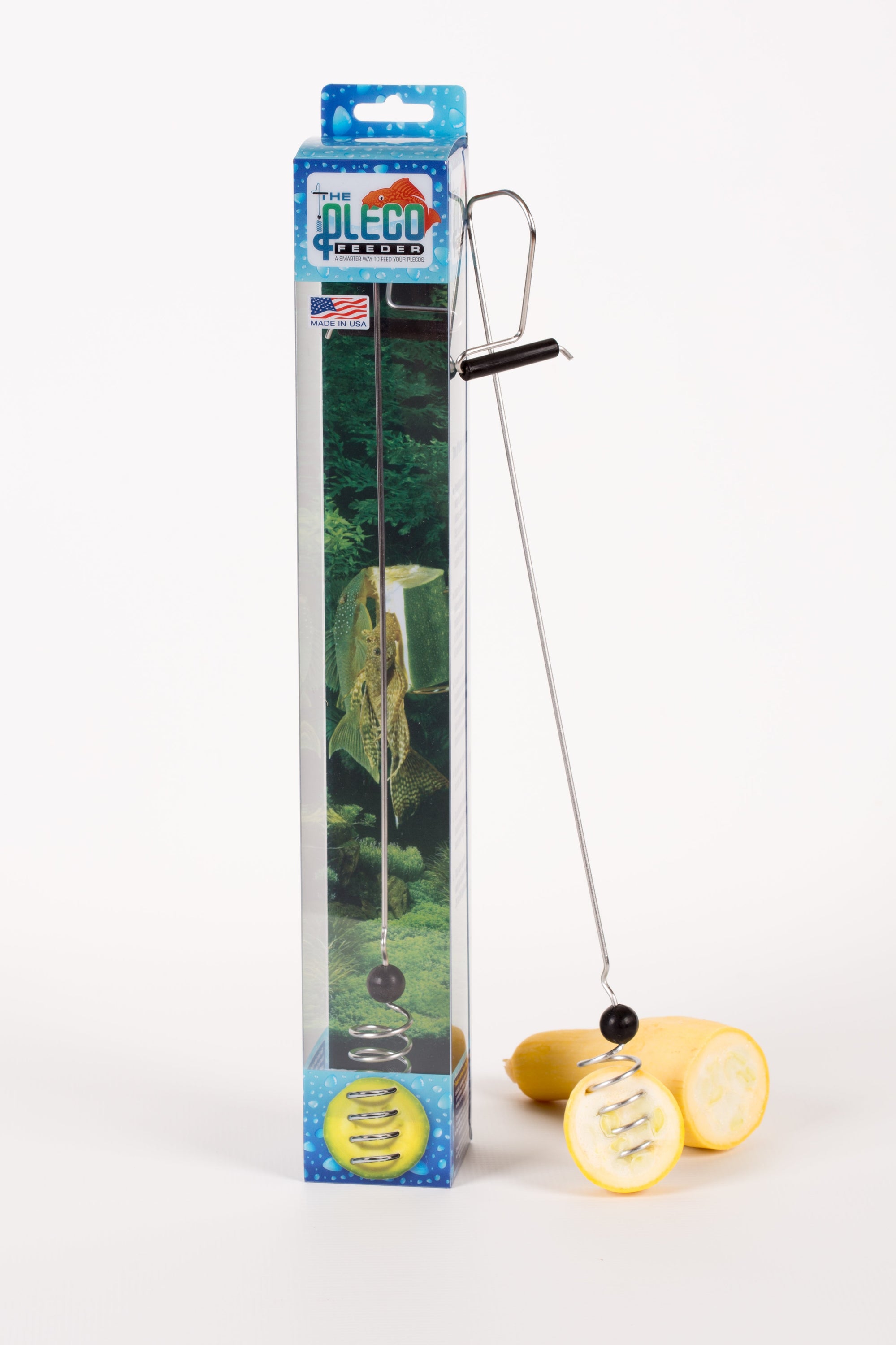 The Pleco Feeder designed for easy feeding of plecostomus with fresh fruits and vegetables, showcasing its stainless steel and silicone rubber construction.