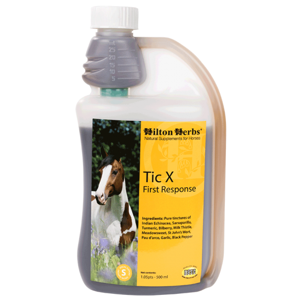 Tic X After Care 1.05pt bottle with herbs and a tick twister, designed for holistic horse health support.