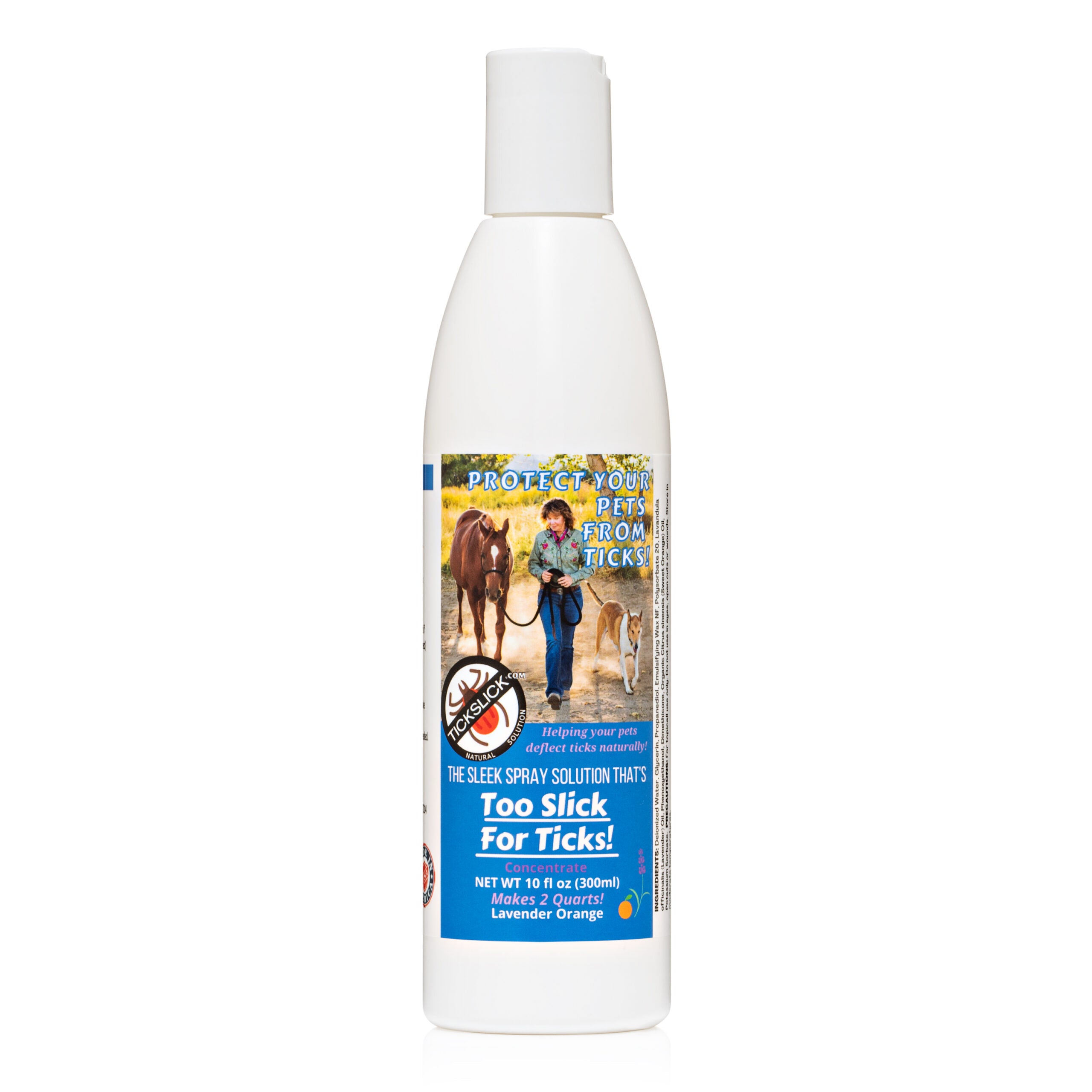 Tick Slick 10oz Concentrate bottle with a label, showcasing its lavender and eucalyptus scent options, designed for pet tick prevention.