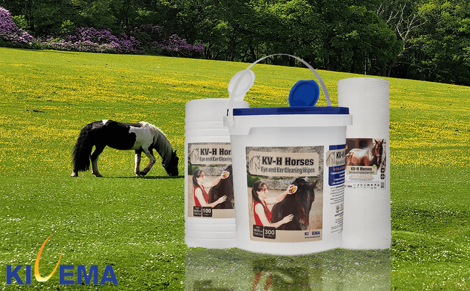 KV-H Pets Eye and Ear Cleaning Wipes for Horses in a package, designed for gentle cleaning of sensitive areas.