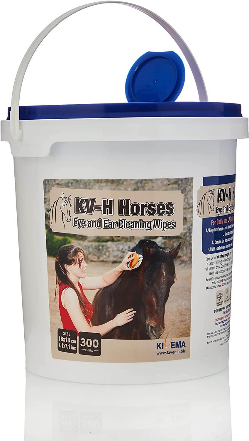 KV-H Pets Eye and Ear Cleaning Wipes for Horses in a package, designed for gentle cleaning of sensitive areas.