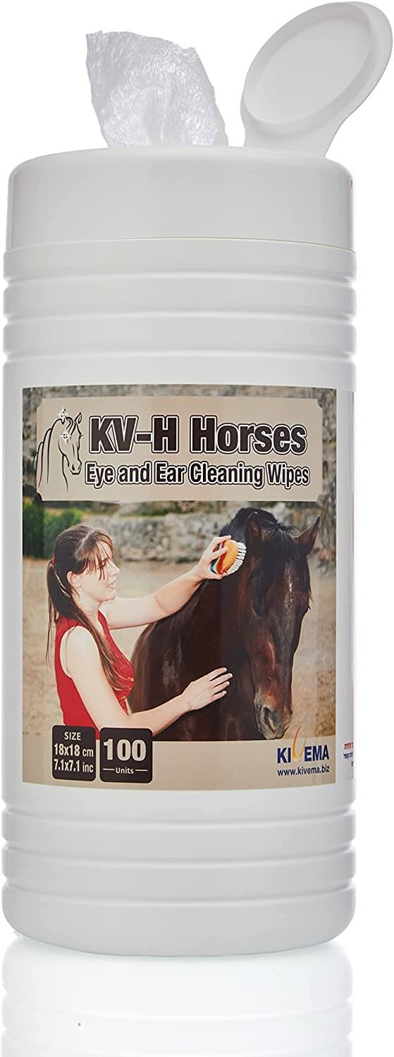 KV-H Pets Eye and Ear Cleaning Wipes for Horses in a package, designed for gentle cleaning of sensitive areas.