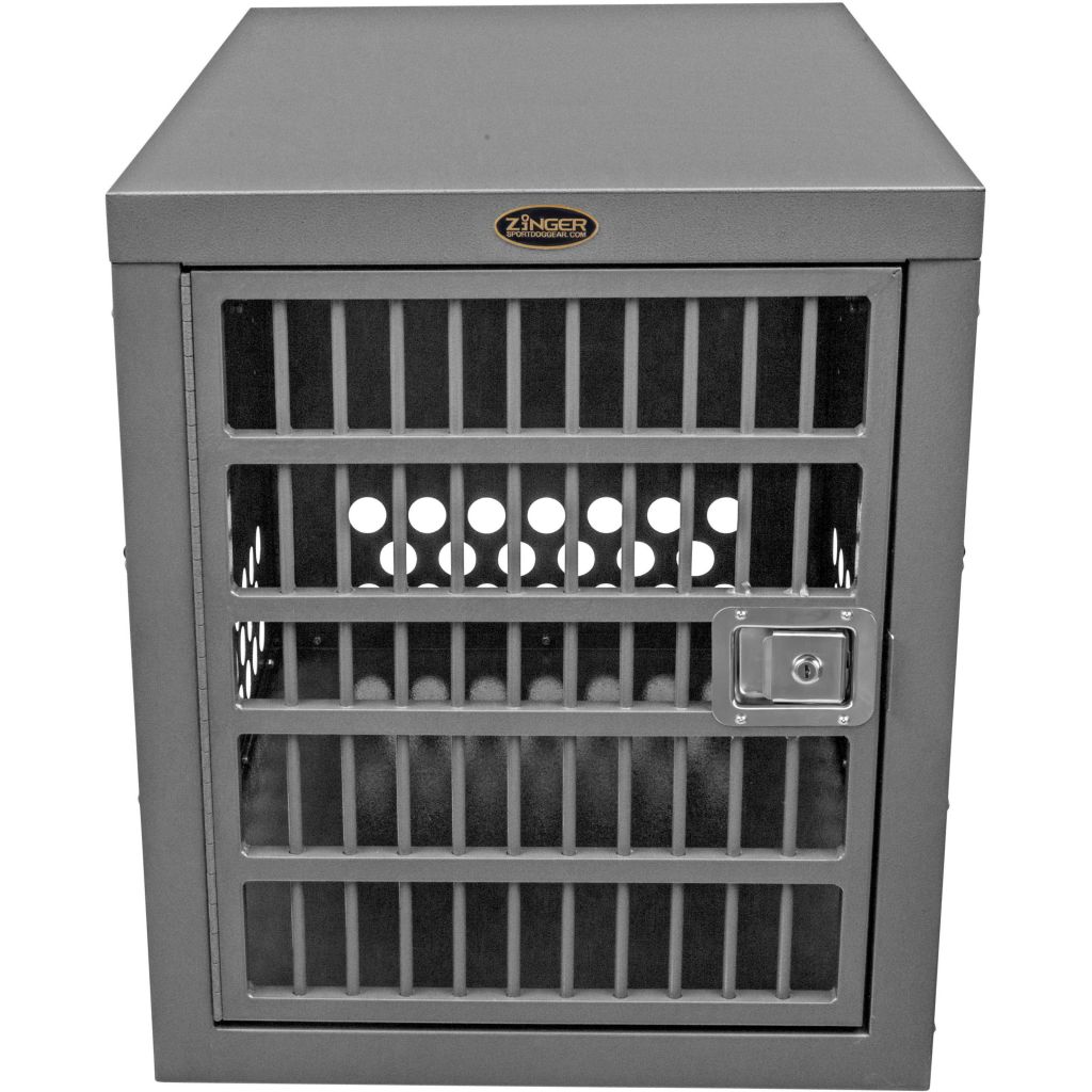 Metal dog crate with bars.