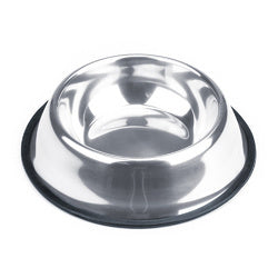 A shiny 16oz stainless steel dog bowl with a no-slip rubber base, perfect for feeding dogs.