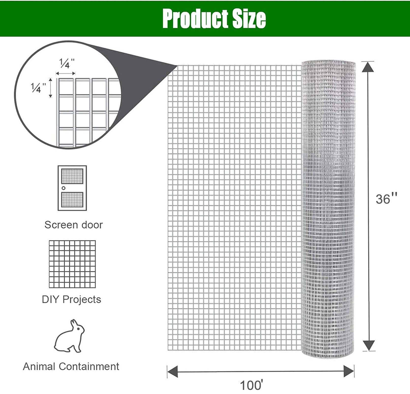 36inx100ft 1/4 in 23 Gauge hardware cloth roll, showcasing its galvanized steel mesh design for fencing and gardening applications.