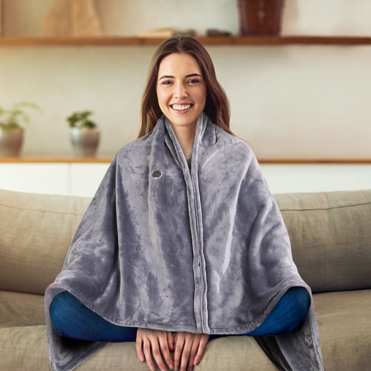 A cozy 59 Plus 31in USB Heated Blanket in grey, featuring a zipper design for arm mobility and soft flannel material for comfort.