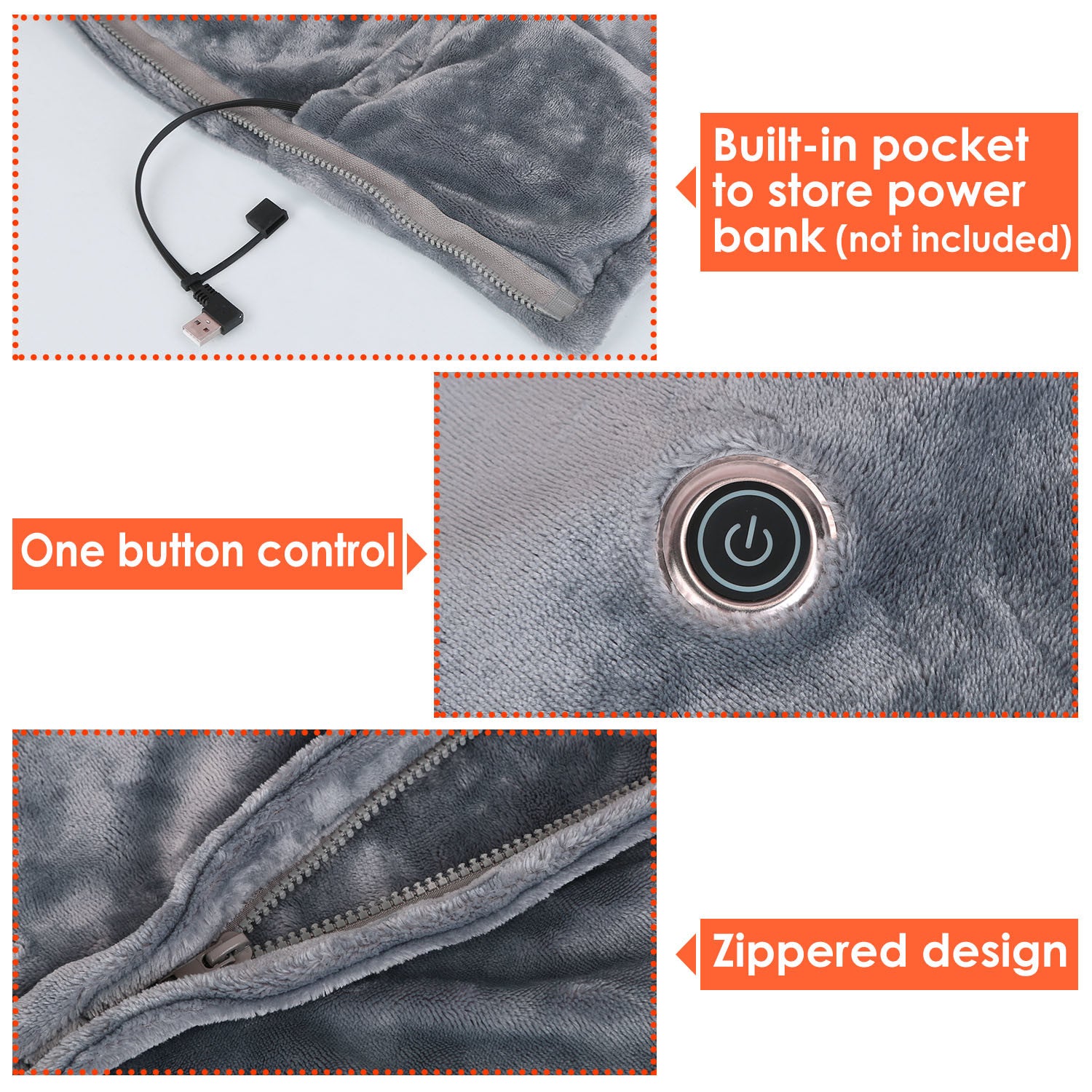 A cozy 59 Plus 31in USB Heated Blanket in grey, featuring a zipper design for arm mobility and soft flannel material for comfort.