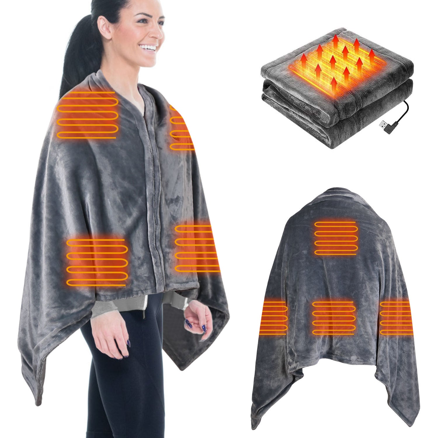 A cozy 59 Plus 31in USB Heated Blanket in grey, featuring a zipper design for arm mobility and soft flannel material for comfort.