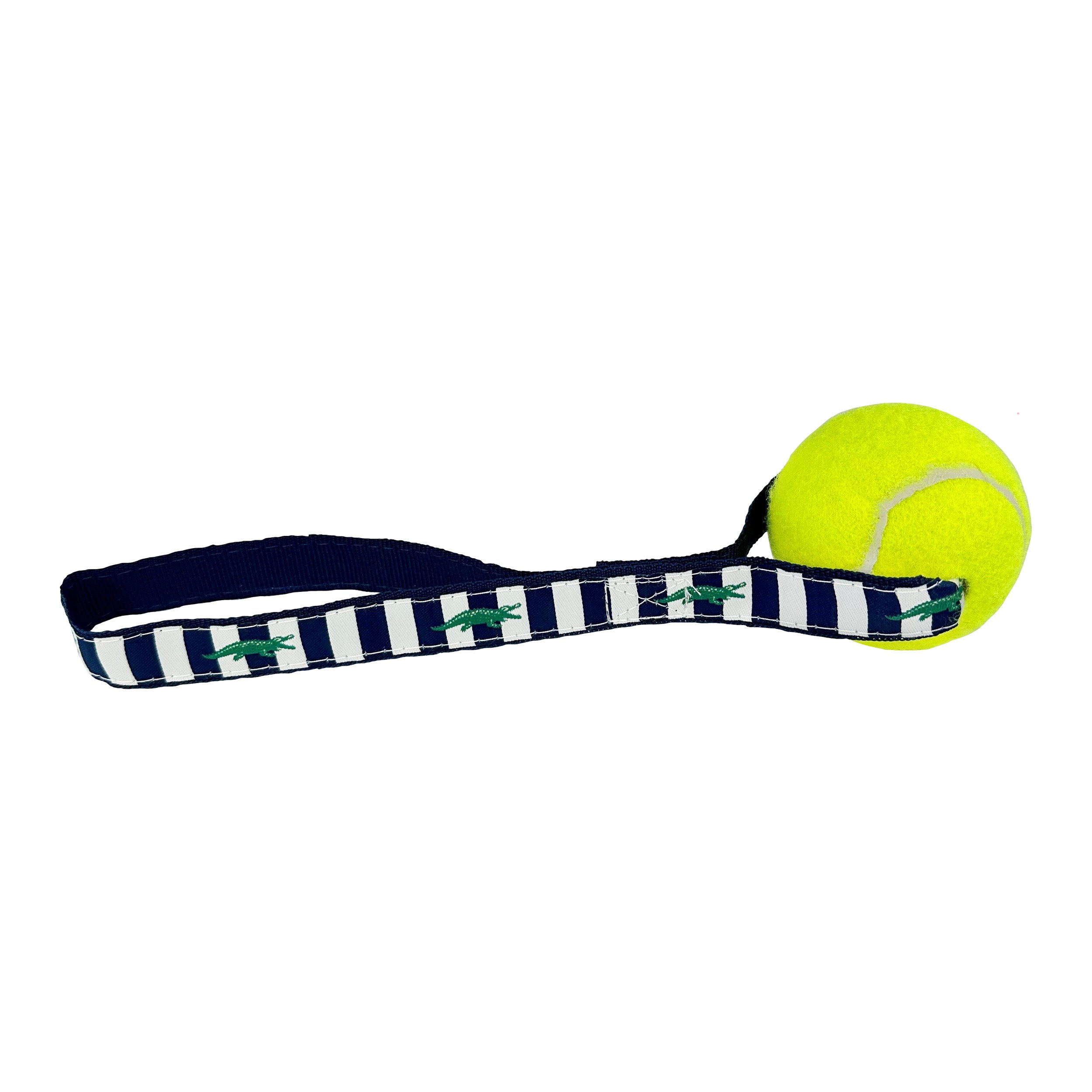 Alligators (Navy) Tennis Ball Toss Toy featuring a durable nylon loop handle and a Tuff Ball, designed for safe and fun playtime with dogs.