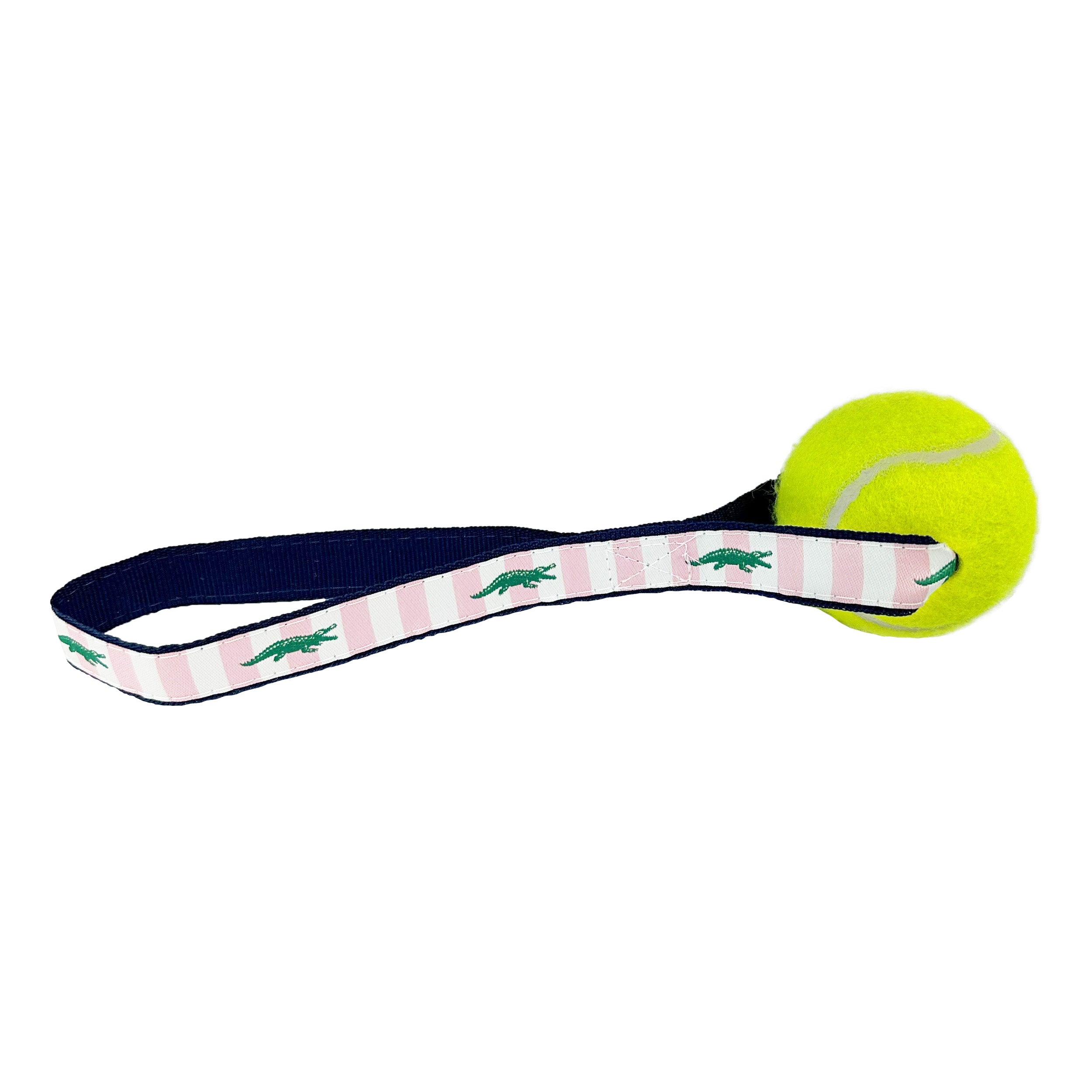 Alligators (Pink) Tennis Ball Toss Toy featuring a durable nylon handle and a non-pressurized Tuff Ball, perfect for fetch and tug-of-war.