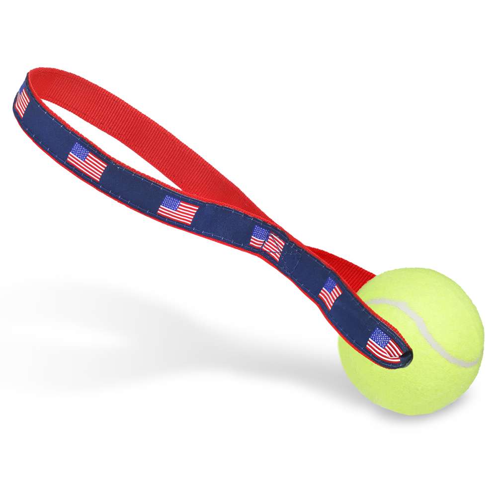 American Flag Tennis Ball Toss Toy featuring a durable nylon handle and a non-pressurized Tuff Ball, perfect for interactive play with dogs.