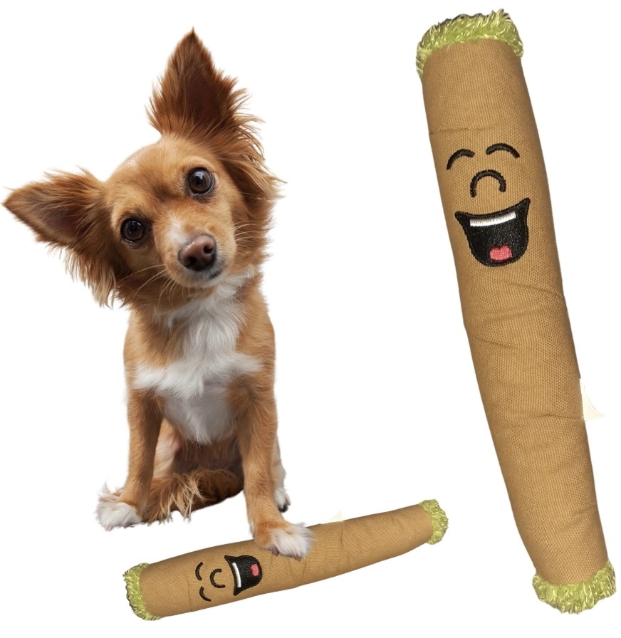 B the Blunt 420 Dog Toy featuring a funny weed theme, made of durable canvas with a built-in squeaker, perfect for light play and pet photos.