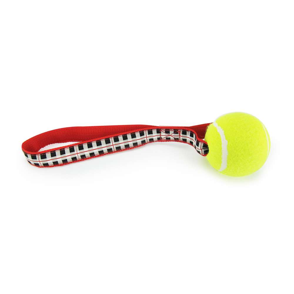 Black & White Plaid Tennis Ball Toss Toy featuring a durable nylon loop handle and a non-pressurized Tuff Ball for safe play.