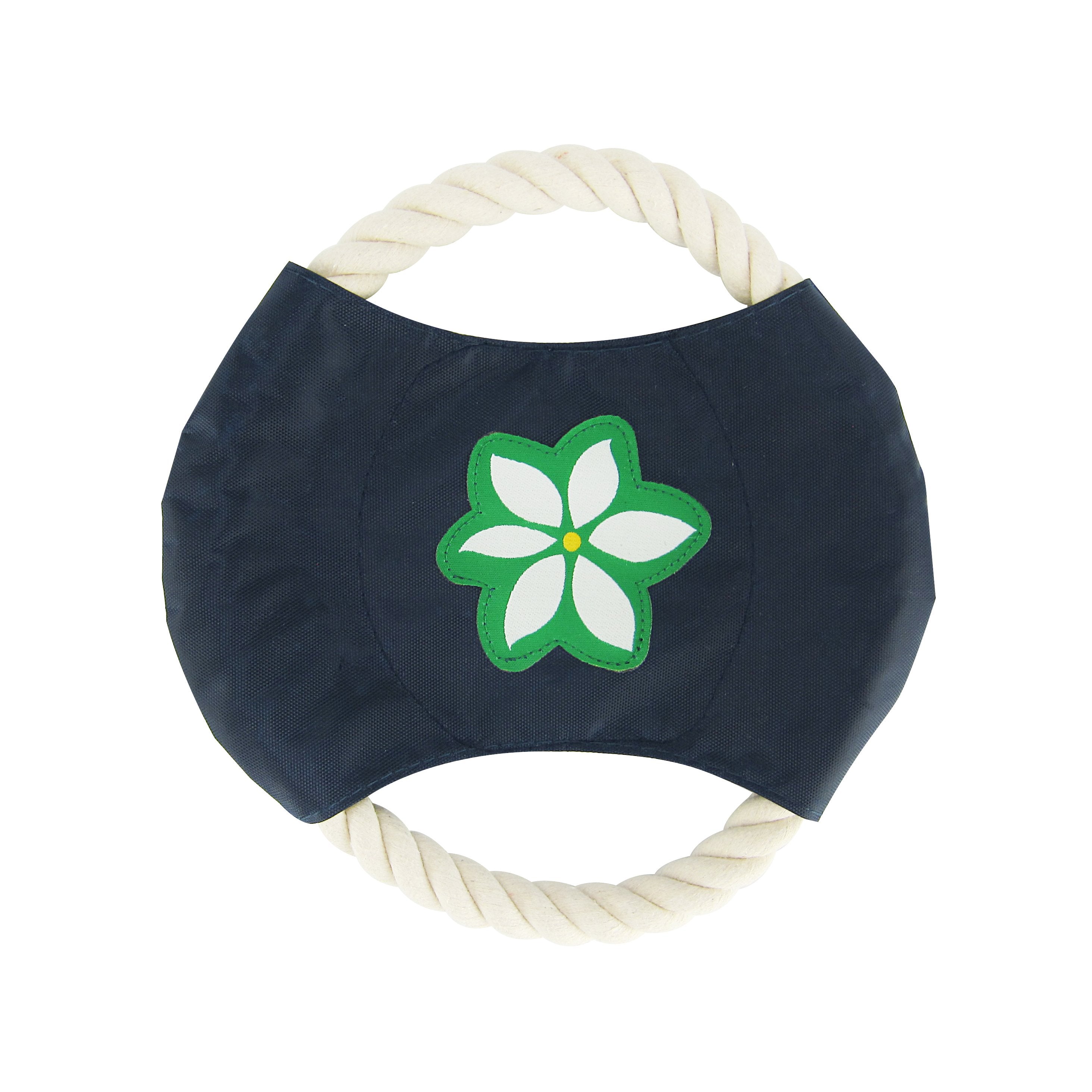 Blue Floral Dog Rope Disc Toy, 7 inches in diameter, featuring a hand-sewn nylon center and a woven floral patch for durability and style.