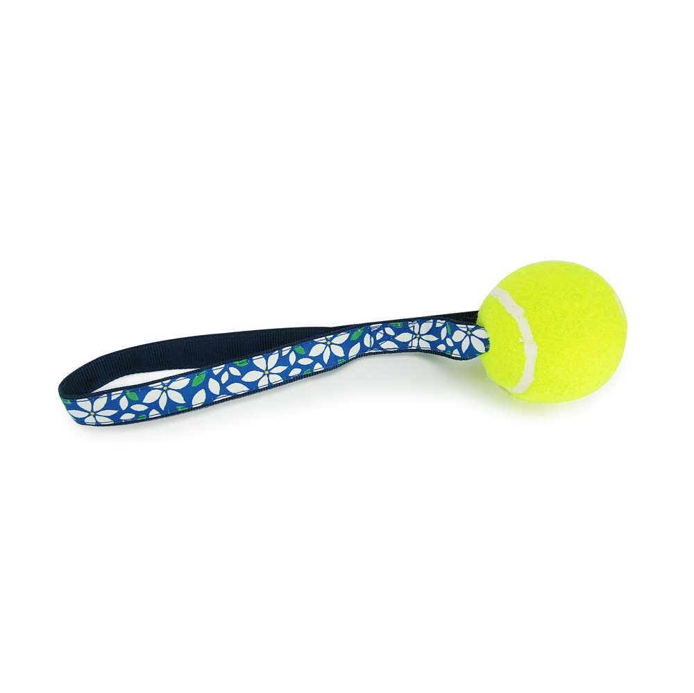 Blue Floral Tennis Ball Toss Toy featuring a durable nylon loop handle and a non-pressurized Tuff Ball for safe play.