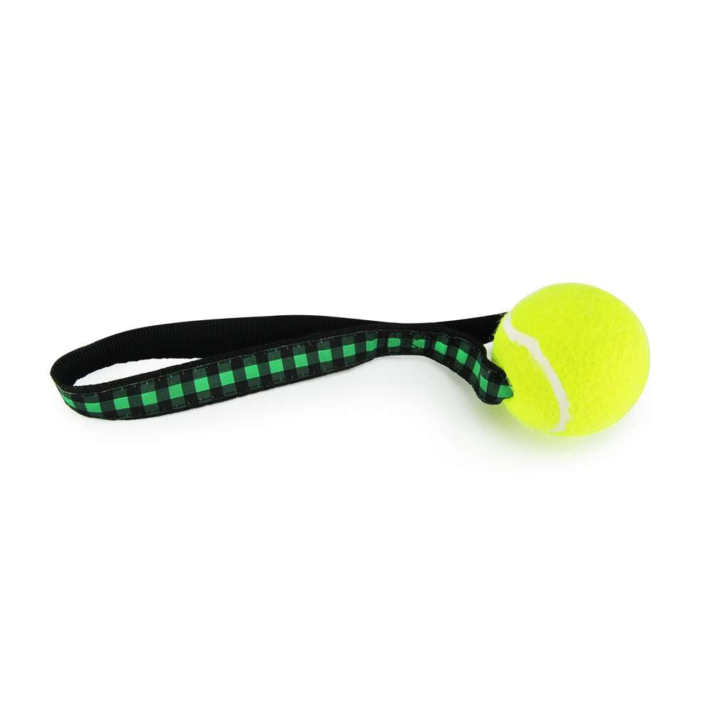 Buffalo Plaid Tennis Ball Toss Toy featuring a durable nylon loop handle and a non-pressurized Tuff Ball, perfect for fetch and tug-of-war.