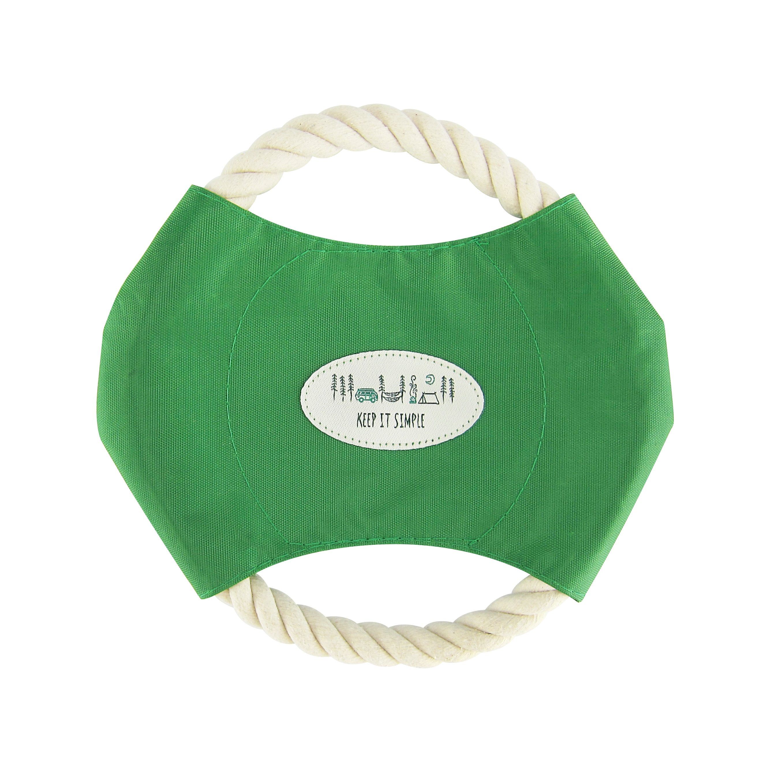 Camp Life Dog Rope Disc Toy featuring a durable nylon center and unique woven patch, perfect for fetch and tug-of-war games.