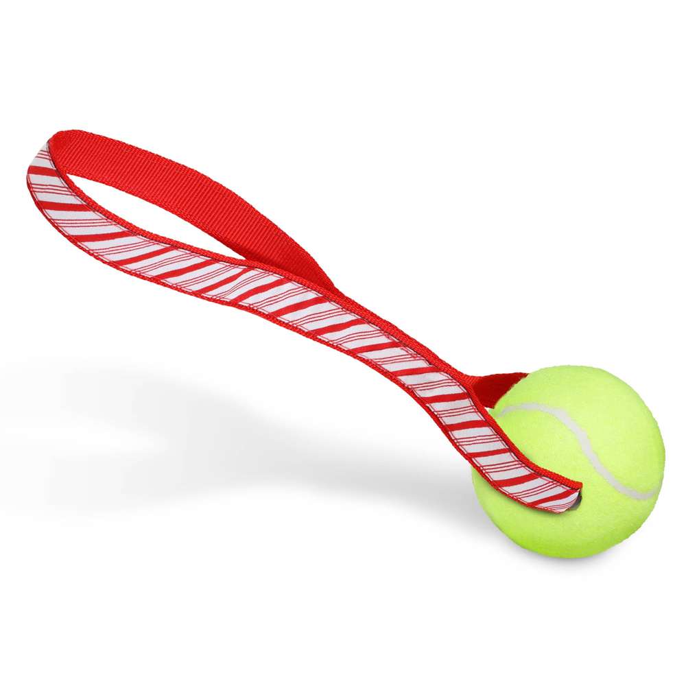 Candy Cane Stripe Tennis Ball Toss Toy featuring a durable nylon handle and a non-pressurized Tuff Ball, designed for safe play with dogs.