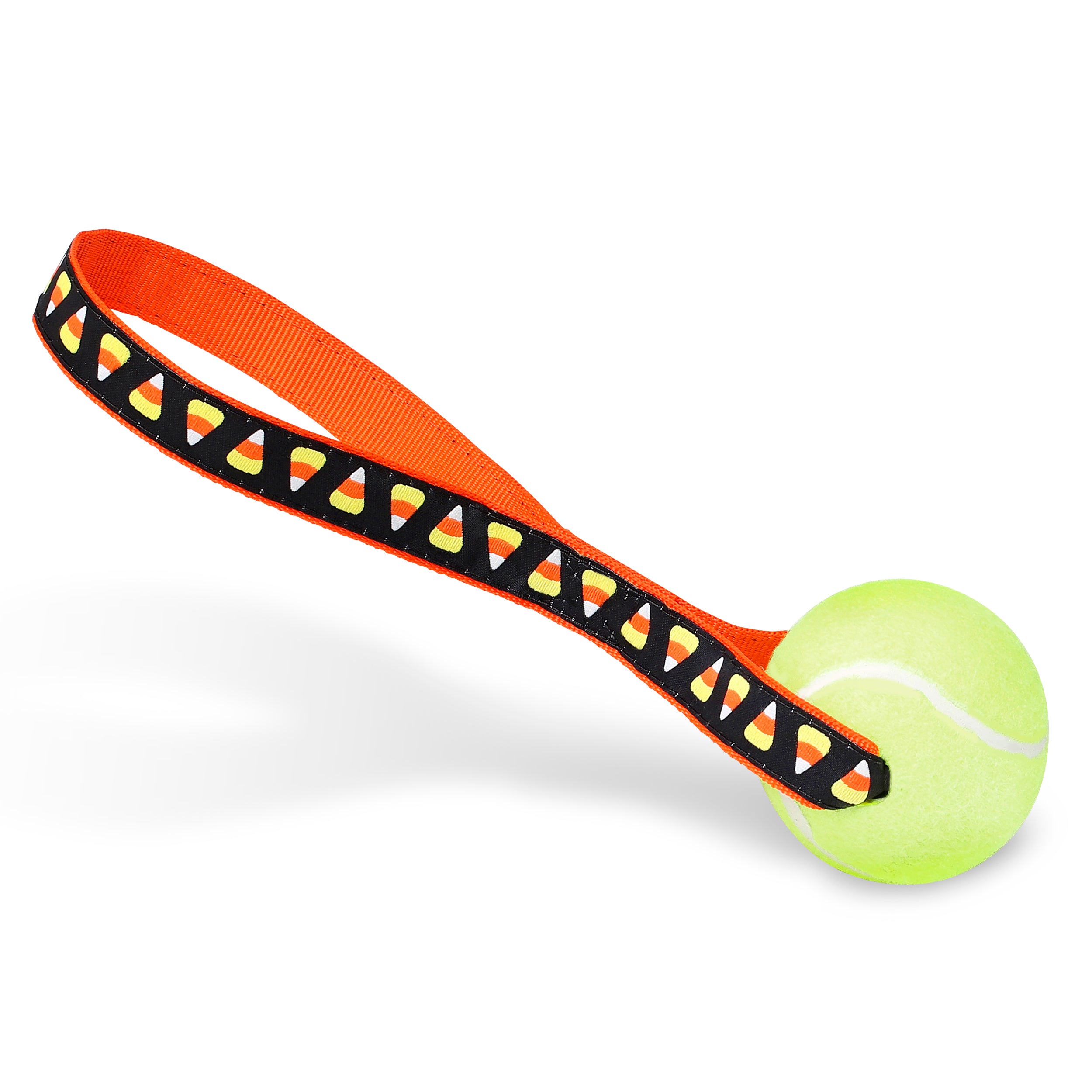 Candy Corn Tennis Ball Toss Toy featuring a bright nylon loop handle and a durable Tuff Ball, perfect for interactive play with dogs.