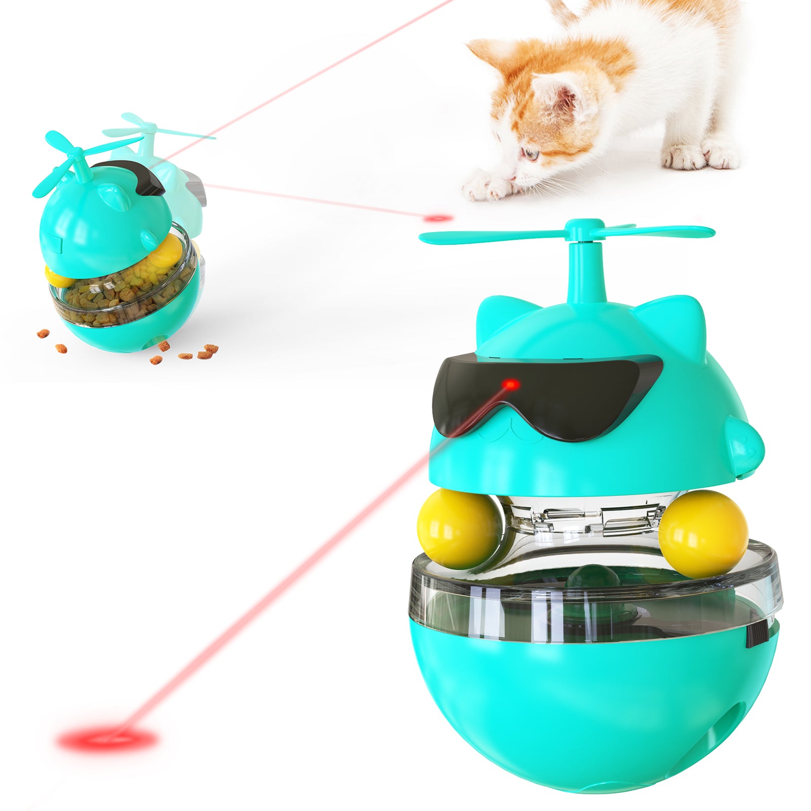 A colorful Cat Toy Laser Electric Infrared Ray Funny Turntable Tumbler designed for interactive play with cats, featuring a USB charging port.