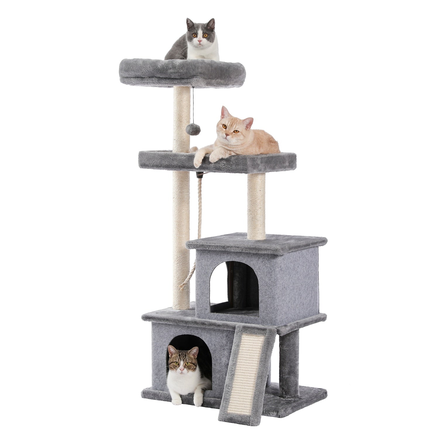 A multi-level Cat Tree Entertainment Tower with stairs, featuring cozy houses, scratching posts, a swinging ball, and sisal rope, designed for playful cats.