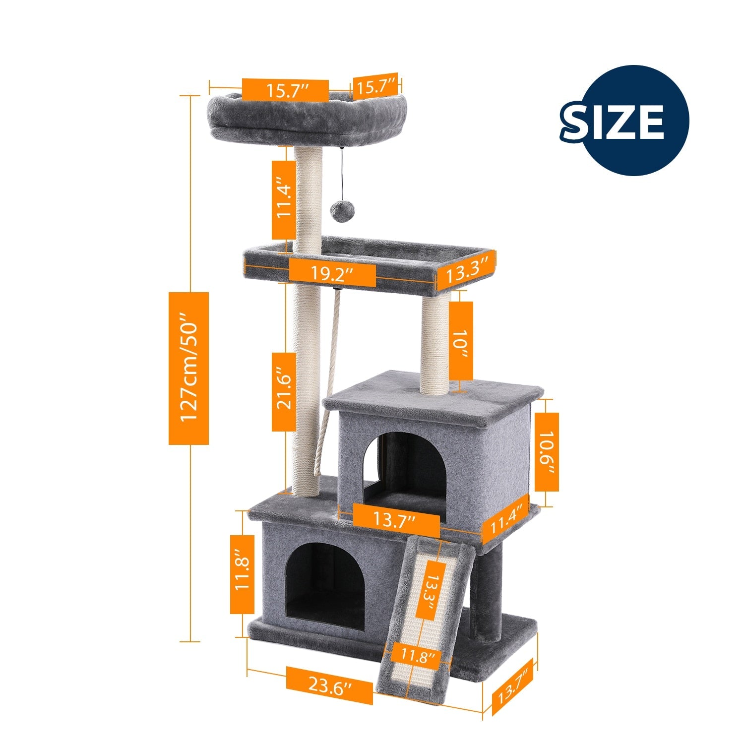 A multi-level Cat Tree Entertainment Tower with stairs, featuring cozy houses, scratching posts, a swinging ball, and sisal rope, designed for playful cats.