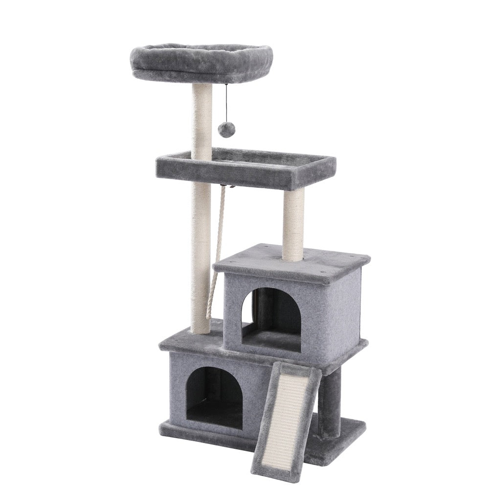 A multi-level Cat Tree Entertainment Tower with stairs, featuring cozy houses, scratching posts, a swinging ball, and sisal rope, designed for playful cats.