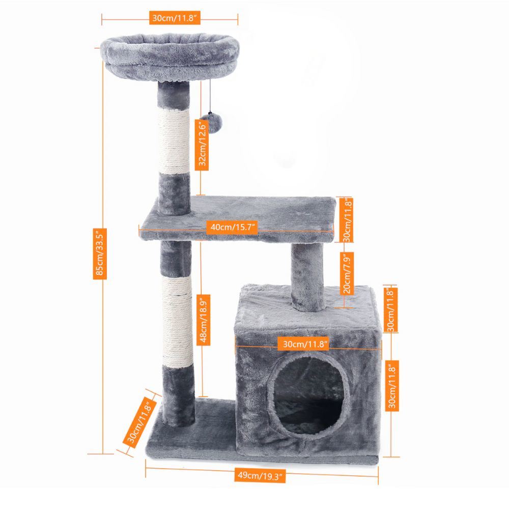 A multi-tiered cat tree house featuring scratching posts and resting areas, designed for playful cats.