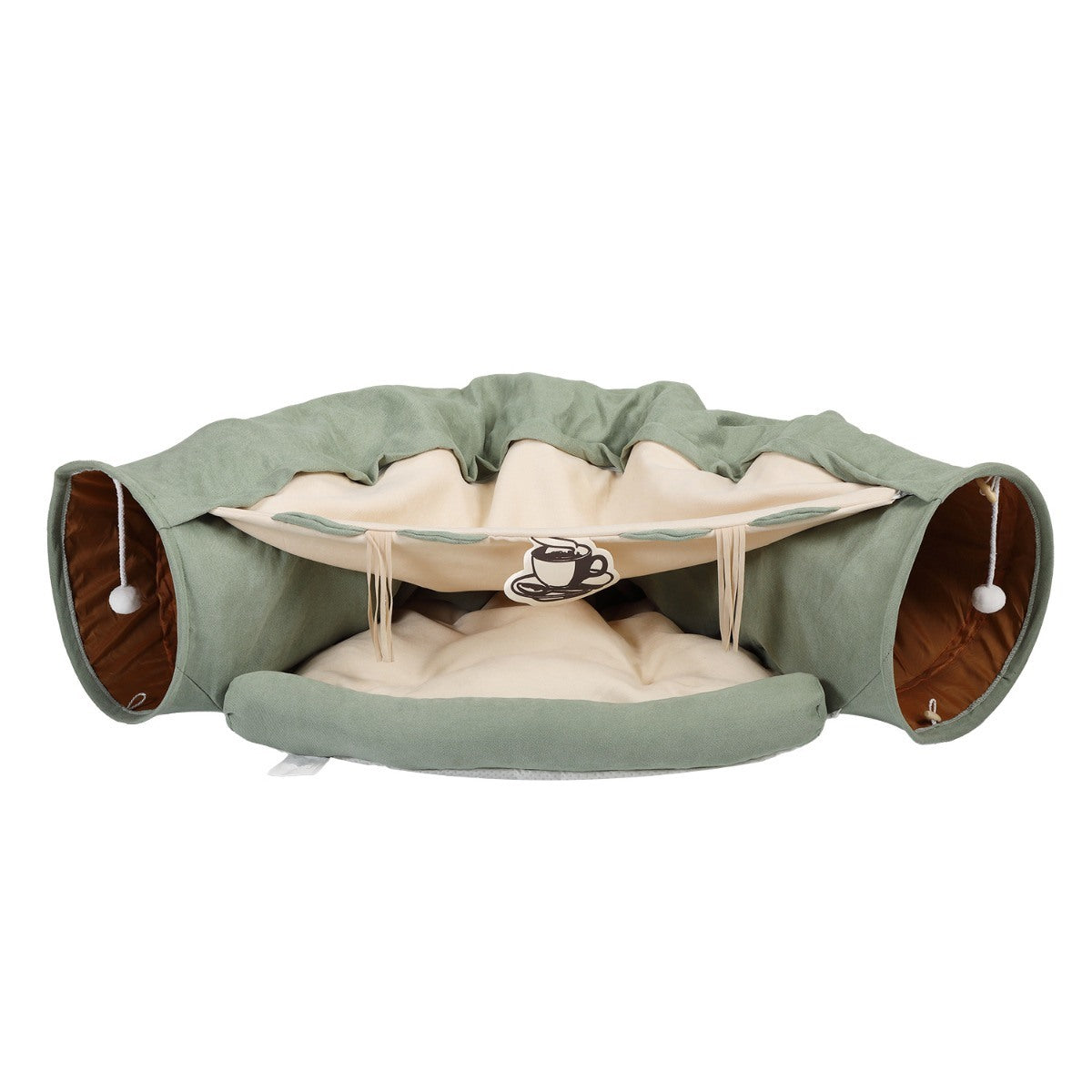 A bright green telescopic tunnel cushioned bed for cats, featuring dangling balls and a cozy sleeping area, designed for playful and comfortable cat experiences.