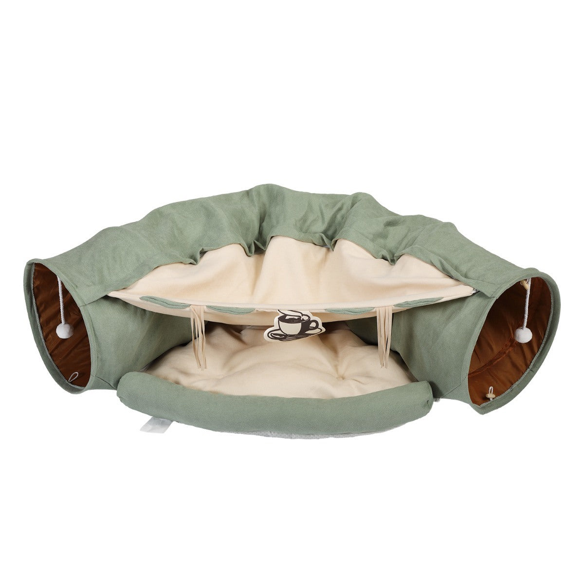 A bright green telescopic tunnel cushioned bed for cats, featuring dangling balls and a cozy sleeping area, designed for playful and comfortable cat experiences.