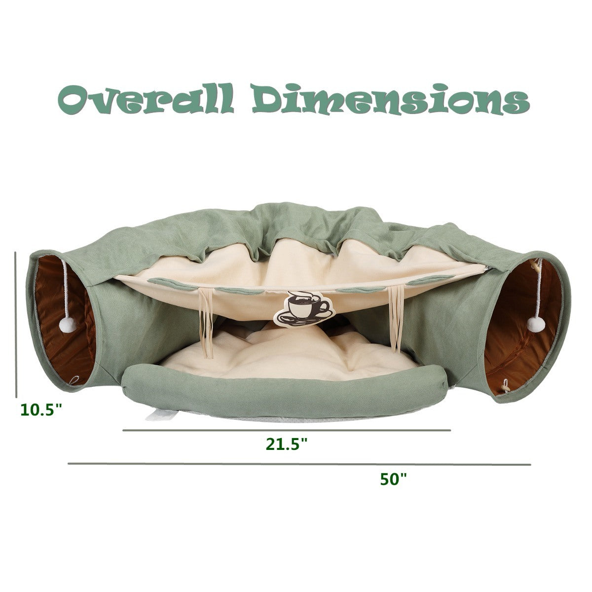 A bright green telescopic tunnel cushioned bed for cats, featuring dangling balls and a cozy sleeping area, designed for playful and comfortable cat experiences.