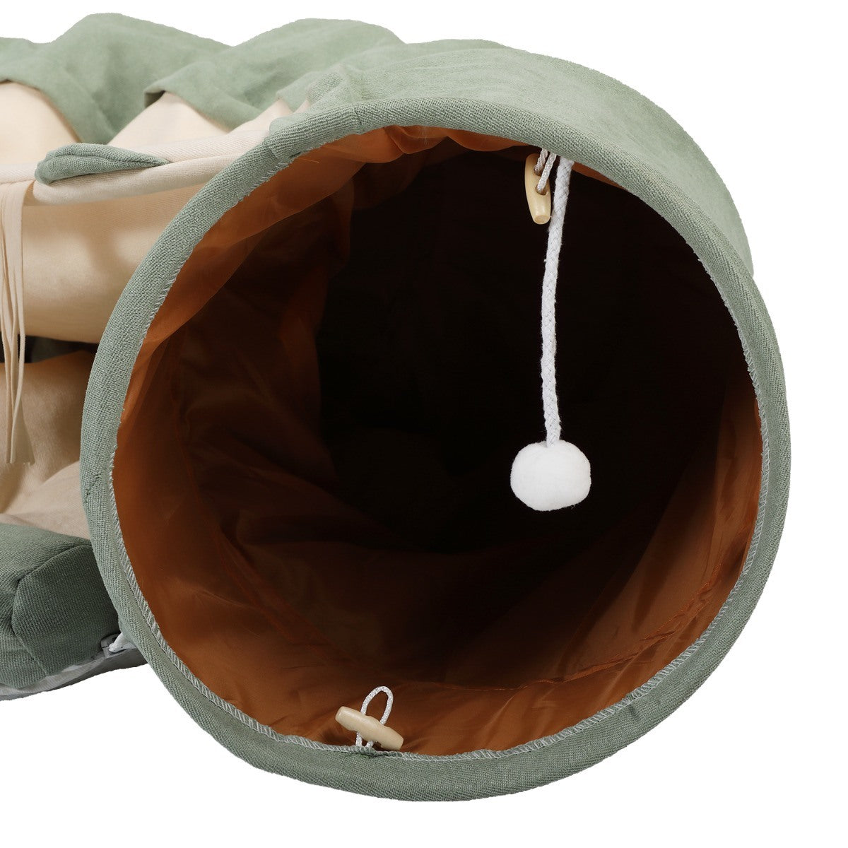 A bright green telescopic tunnel cushioned bed for cats, featuring dangling balls and a cozy sleeping area, designed for playful and comfortable cat experiences.