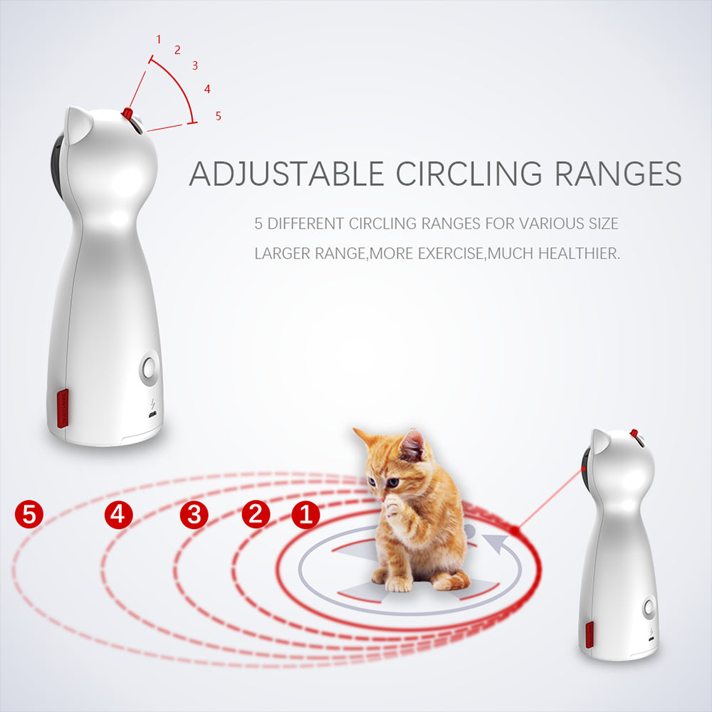 Creative Cat Pet LED Laser Toy in white, featuring automatic rotation and adjustable ranges, designed for interactive play with cats.