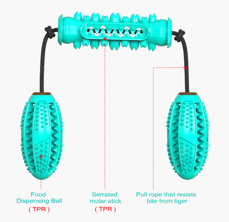 A blue and red rubber bone-shaped dog chew toy designed for dental cleaning, featuring high molar bumps and a channel for pet toothpaste.