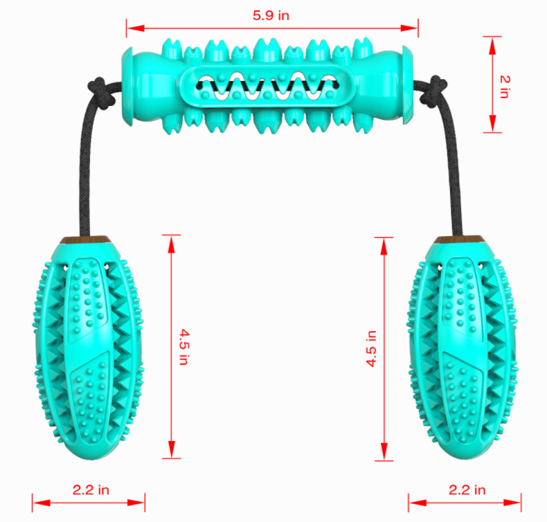 A blue and red rubber bone-shaped dog chew toy designed for dental cleaning, featuring high molar bumps and a channel for pet toothpaste.