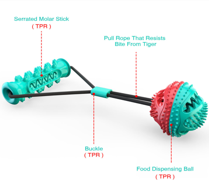 A blue and red rubber bone-shaped dog chew toy designed for dental cleaning, featuring high molar bumps and a channel for pet toothpaste.