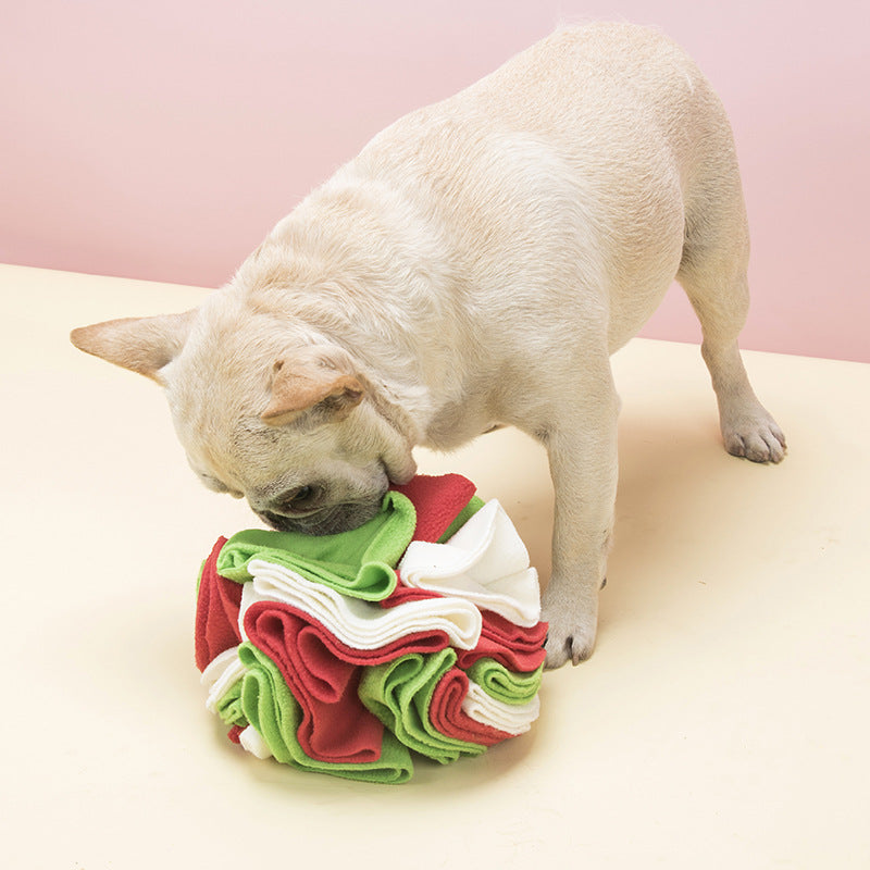 A colorful Dog Sniffing Training Blanket Snuffle Ball Mat made of soft polar fleece, featuring multiple folds and pockets for hiding treats, designed for engaging dogs in foraging activities.