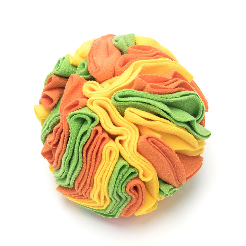 A colorful Dog Sniffing Training Blanket Snuffle Ball Mat made of soft polar fleece, featuring multiple folds and pockets for hiding treats, designed for engaging dogs in foraging activities.