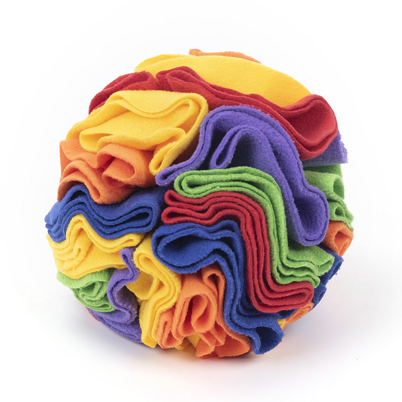 A colorful Dog Sniffing Training Blanket Snuffle Ball Mat made of soft polar fleece, featuring multiple folds and pockets for hiding treats, designed for engaging dogs in foraging activities.