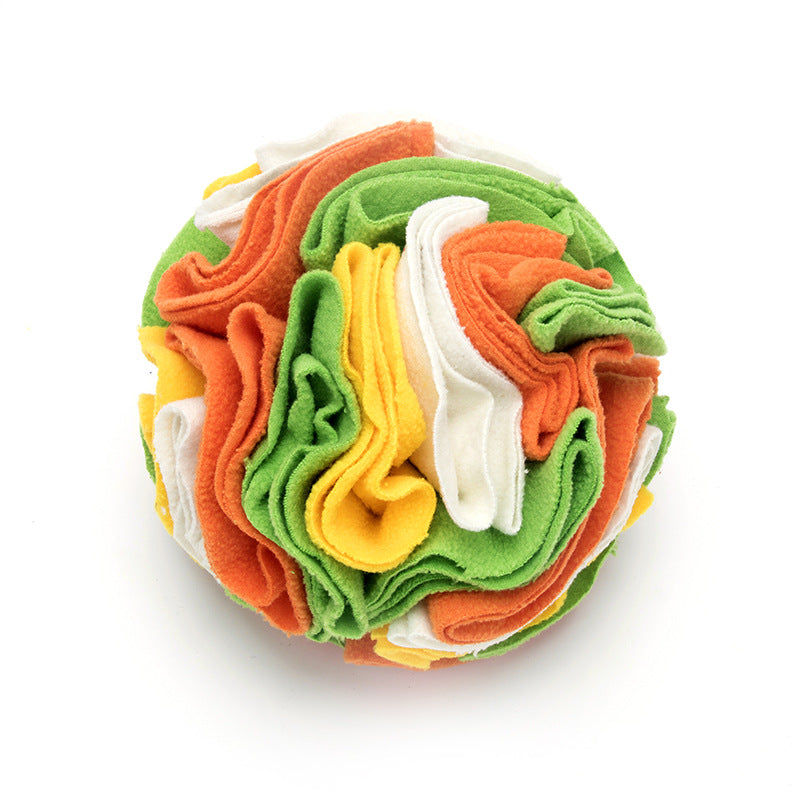 A colorful Dog Sniffing Training Blanket Snuffle Ball Mat made of soft polar fleece, featuring multiple folds and pockets for hiding treats, designed for engaging dogs in foraging activities.