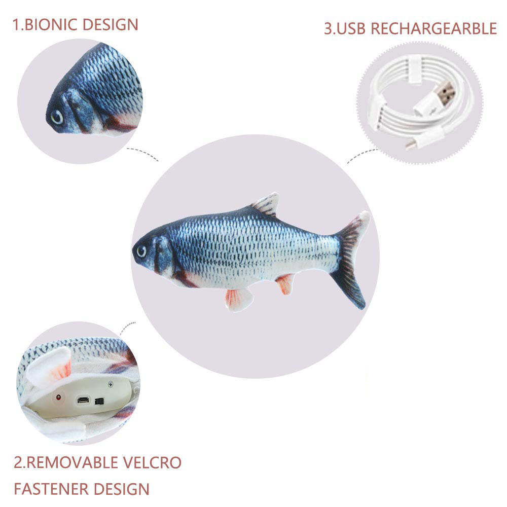 Electric Flipping Fish Toy for Cats, gray color, designed to mimic fish movements for interactive play.