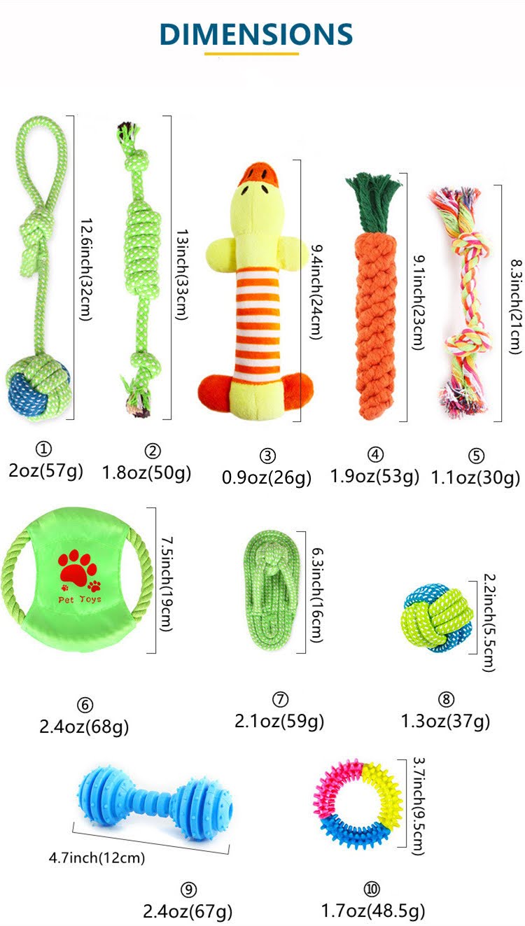 A colorful assortment of 10 bite-resistant molar dog toys designed for durability and dental health.