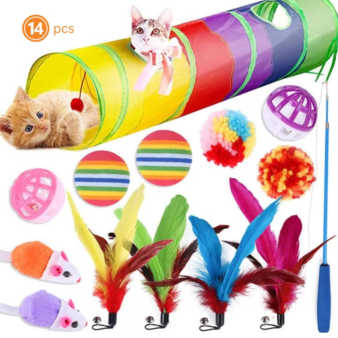 A colorful assortment of 14 assorted cat toys including balls, plush mice, and chew sticks, designed for feline fun and engagement.